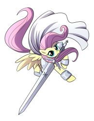 Size: 1549x2000 | Tagged: safe, artist:madmax, fluttershy, pegasus, pony, badass, badass adorable, claymore, clothes, costume, crossover, cute, female, flutterbadass, mare, mouth hold, simple background, solo, sword, transparent background, weapon