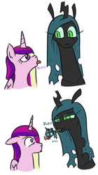 Size: 522x934 | Tagged: safe, artist:jargon scott, princess cadance, queen chrysalis, alicorn, changeling, changeling queen, pony, :, :p, alien (franchise), bags under eyes, comic, eye contact, fangs, female, floppy ears, frown, glare, horrified, lidded eyes, looking at each other, raspberry, shocked, silly, simple background, smiling, smirk, spittle, tongue out, unamused, wat, white background, wide eyes, xenomorph, xenomorph queen