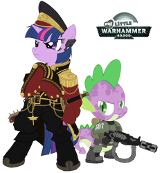 Size: 900x960 | Tagged: dead source, safe, artist:sh2otingstar, spike, twilight sparkle, dragon, semi-anthro, chainsword, ciaphas cain, commissar, crossover, female, imperial guard, jurgen, male, mare, melta, scar, simple background, transparent background, warhammer (game), warhammer 40k