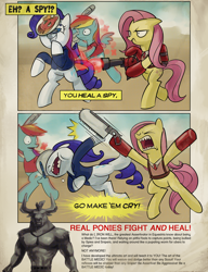 Size: 1200x1560 | Tagged: safe, artist:stupjam, fluttershy, iron will, rainbow dash, minotaur, pegasus, pony, unicorn, battle medic, bonesaw, catchphrase, crossover, female, fluttermedic, male, mare, medic, spy, team fortress 2