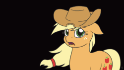 Size: 1280x720 | Tagged: safe, artist:mkogwheel, applejack, earth pony, pony, spoiler:s09, animated, applejack's hat, black background, cowboy hat, crying, crying on the outside, end of ponies, eye clipping through hair, feels, floppy ears, frame by frame, gif, hat, in-universe pegasister, looking at you, my little pony logo, open mouth, sad, series finale blues, simple background, subtitles, teary eyes, that's it then?, wind, windswept mane
