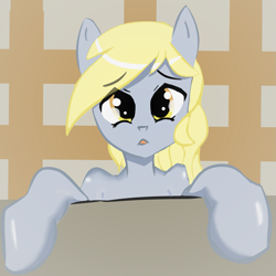 Size: 1553x1551 | Tagged: safe, artist:mistleinn, derpy hooves, pegasus, pony, female, sad, solo, table