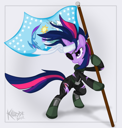 Size: 1664x1750 | Tagged: safe, artist:killryde, twilight sparkle, pony, unicorn, adobe fireworks, bandage, bipedal, bipedal leaning, clothes, equestrian flag, female, flag, future twilight, leaning, mare, solo, torn clothes