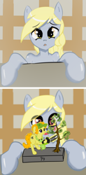 Size: 1534x3113 | Tagged: safe, artist:mistleinn, derpy hooves, pegasus, pony, 2 panel comic, apron, blonde, cap, clothes, comic, female, figure, happy, hat, heart eyes, present, purple eyes, sad, slime, table, tree, wingding eyes