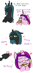 Size: 540x1200 | Tagged: safe, artist:jargon scott, princess cadance, queen chrysalis, alicorn, changeling, changeling queen, pony, bait and switch, changeling feeding, comic, crossed arms, crossed hooves, dialogue, duo, eyes closed, female, food, gorph, heart, heart eyes, hoof hold, mare, meat, mushroom, onomatopoeia, peetzer, pepperoni, pepperoni pizza, pizza, ponies eating meat, simple background, teasing, that pony sure does love pizza, white background, wingding eyes, yoink