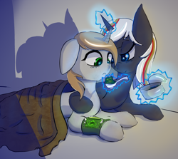 Size: 2000x1782 | Tagged: safe, artist:mistleinn, oc, oc only, oc:littlepip, oc:velvet remedy, pony, unicorn, fallout equestria, blanket, duo, fanfic, fanfic art, female, floppy ears, food, glowing horn, heart, hooves, horn, hug, levitation, lying down, magic, mare, pipbuck, simple background, spoon, telekinesis, tin can