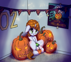 Size: 2700x2361 | Tagged: safe, artist:mistleinn, oc, oc:littlepip, pony, unicorn, fallout equestria, fanfic, fanfic art, female, floppy ears, halloween, holiday, hooves, horn, jack-o-lantern, mare, nightmare night, pipbuck, poster, pumpkin, sad, sitting, solo, text