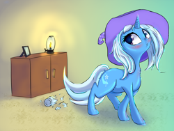 Size: 2100x1576 | Tagged: safe, artist:mistleinn, trixie, pony, unicorn, blushing, broken, clothes, female, glass, hat, lamp, mare, solo, walking