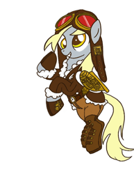 Size: 638x825 | Tagged: safe, artist:bunnimation, artist:s31sh0, derpy hooves, pegasus, pony, aviator hat, bomber jacket, boots, clothes, colored, female, flying, goggles, hat, mare, paint.net, simple background, solo, steampunk