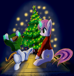 Size: 1700x1735 | Tagged: safe, artist:mistleinn, oc, oc:littlepip, oc:littlepip's mother, pony, unicorn, fallout equestria, christmas, christmas lights, christmas tree, clothes, cutie mark, duo, fanfic, fanfic art, female, glowing horn, happy, holiday, hooves, horn, magic, mare, mother and child, mother and daughter, parent and child, sitting, sweater, teddy bear, telekinesis, tree