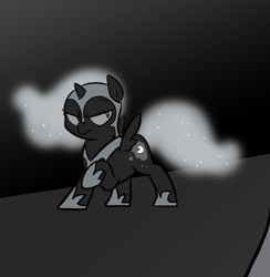 Size: 666x682 | Tagged: safe, artist:egophiliac, nightmare moon, alicorn, pony, cute, dark woona, female, filly, grayscale, monochrome, moonstuck, nightmare woon, solo