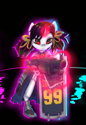 Size: 1200x1740 | Tagged: safe, artist:mistleinn, oc, oc only, oc:blackjack, pony, semi-anthro, unicorn, fallout equestria, fallout equestria: project horizons, alternate hairstyle, armor, clothes, crossover, fanfic art, female, girl's frontline, gun, magic, palindrome get, shield, shotgun, solo, spas-12, twintails, weapon