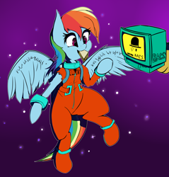 Size: 1500x1569 | Tagged: safe, artist:mistleinn, rainbow dash, pegasus, pony, cheeks, clothes, computer, crossover, female, food, happy, sandwich, solo, space, suit, void bastards