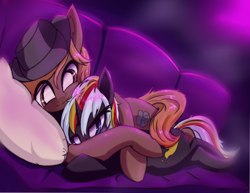 Size: 2500x1925 | Tagged: safe, artist:mistleinn, oc, oc only, oc:calamity, oc:velvet remedy, pegasus, pony, unicorn, fallout equestria, brand, cowboy hat, cuddling, dashite, dashite brand, fanfic, fanfic art, female, hat, hooves, horn, hug, lying down, male, mare, oc x oc, pillow, shipping, smiling, sofa, stallion, velamity, wings