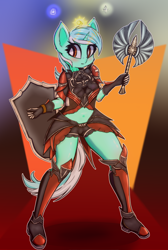 Size: 1500x2237 | Tagged: safe, artist:mistleinn, lyra heartstrings, anthro, plantigrade anthro, unguligrade anthro, unicorn, armor, axe, blushing, clothes, crossover, female, mare, shield, solo, weapon