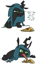 Size: 467x821 | Tagged: safe, artist:jargon scott, queen chrysalis, changeling, changeling queen, 2 panel comic, bugs doing bug things, comic, dialogue, fangs, female, food, frown, glare, leaning, licking, long tongue, looking at something, meat, mlem, open mouth, peetzer, pepperoni, pepperoni pizza, pizza, silly, silly changeling, simple background, slit eyes, solo, talking, tasting, tongue out, white background