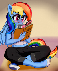 Size: 1600x1954 | Tagged: safe, artist:mistleinn, rainbow dash, anthro, blushing, book, female, playboy, playpony, reading, science, solo