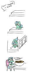 Size: 576x1450 | Tagged: safe, artist:lockheart, lyra heartstrings, bone, broken horn, broken teeth, chair, comic, dialogue, falling, female, filly, filly lyra, food, horn, injured, l.u.l.s., neck brace, ouch, pasta, simple background, spaghetti, speech bubble, squatpony, stairs, text, tooth, white background, younger