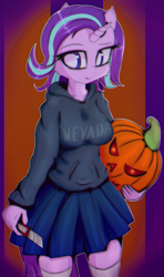 Size: 1401x2366 | Tagged: safe, artist:mistleinn, starlight glimmer, anthro, unicorn, box cutter, breasts, clothes, costume, female, halloween, holiday, hoodie, jack-o-lantern, mare, nevada-tan, pleated skirt, pumpkin, skirt, socks, thigh highs, zettai ryouiki