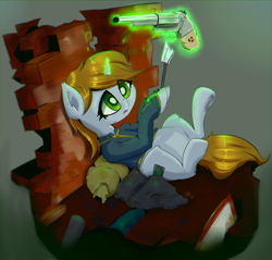 Size: 2200x2100 | Tagged: safe, artist:mistleinn, oc, oc only, oc:littlepip, pony, unicorn, fallout equestria, brick wall, clothes, fanart, fanfic, fanfic art, female, glowing horn, green eyes, gun, handgun, hooves, horn, levitation, little macintosh, magic, mare, mirror, optical sight, pipbuck, revolver, scope, solo, telekinesis, vault suit, wall, weapon