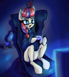 Size: 1000x1108 | Tagged: safe, artist:mistleinn, moondancer, pony, unicorn, clothes, controller, female, glasses, playstation 4, sitting, solo, sweater