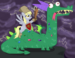 Size: 900x695 | Tagged: safe, artist:the-danitor, crackle, derpy hooves, dragon, pegasus, pony, duo, female, lightning, mare, paper bags, ponies riding dragons, riding, shield, sword, weapon, wooden sword