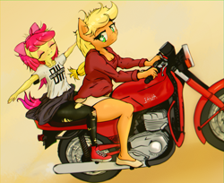 Size: 2090x1702 | Tagged: safe, artist:mistleinn, apple bloom, applejack, anthro, earth pony, pony, blonde, blonde hair, breasts, clothes, duo, eyes closed, female, green eyes, motorcycle, pantyhose, pink hair, red hair, shorts, siblings, simple background, sisters, sweater