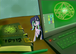 Size: 3000x2113 | Tagged: safe, artist:mistleinn, starlight glimmer, pony, unicorn, book, computer, hidden eyes, laptop computer, looking at you, raised hoof, ritual, solo