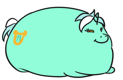 Size: 465x304 | Tagged: safe, artist:jargon scott, lyra heartstrings, pony, unicorn, absolute unit, blob, colored sclera, disguised discord, fat, female, lidded eyes, looking at you, mare, morbidly obese, obese, ponyloaf, prone, simple background, smiling, smirk, smug, solo, wat, white background