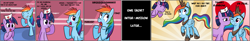 Size: 4711x773 | Tagged: dead source, safe, artist:grumblepluck, rainbow dash, twilight sparkle, alicorn, pegasus, pony, unicorn, blushing, comic, fake alicorn, female, kiss on the cheek, kissing, lesbian, mare, nurse, photoshop, rainbowcorn, shipping, that is my fetish, twidash