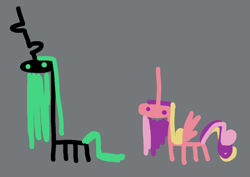 Size: 1135x804 | Tagged: safe, artist:jargon scott, princess cadance, queen chrysalis, alicorn, changeling, changeling queen, pony, 1000 hours in ms paint, duo, female, gray background, mare, minimalist, modern art, simple background, stylistic suck, why