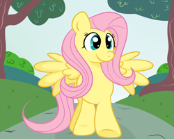 Size: 1500x1200 | Tagged: dead source, safe, artist:grumblepluck, fluttershy, pegasus, pony, female, happy, mare, solo, tree, walking