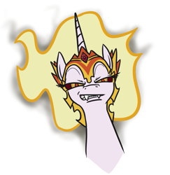 Size: 641x659 | Tagged: safe, artist:jargon scott, daybreaker, alicorn, pony, angry, bust, fangs, female, jewelry, looking at you, mane of fire, mare, regalia, simple background, sneer, solo, white background
