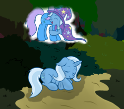 Size: 1600x1400 | Tagged: dead source, safe, artist:grumblepluck, trixie, oc, pony, unicorn, crying, eyes closed, female, filly, forest, hug, mare, memory, parent, prone, sad, unnamed oc, younger