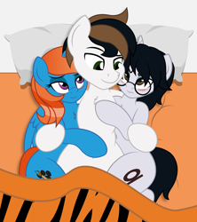 Size: 5904x6634 | Tagged: safe, artist:digiqrow, oc, oc only, oc:corvinia, oc:jonas fletcher, oc:sunrise sparkle, alicorn, semi-anthro, unicorn, alicorn oc, bed, bedsheets, blushing, female, glasses, grumpy, harem, hug, hug sandwich, implied group sex, implied threesome, lucky bastard, male, pillow, snuggling, straight