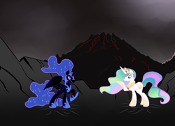 Size: 4676x3384 | Tagged: dead source, safe, artist:grumblepluck, nightmare moon, princess celestia, alicorn, pony, cracks, female, mare, volcano