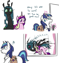 Size: 1113x1200 | Tagged: safe, artist:jargon scott, edit, princess cadance, queen chrysalis, shining armor, alicorn, changeling, changeling queen, pony, unicorn, 2 panel comic, abuse, chreeeesalis, chrysabuse, comic, dialogue, female, german suplex, gilligan cut, magic, male, mare, music notes, necktie, open mouth, quadrupedal, reeee, saddle bag, smiling, sports, stallion, suplex, telekinesis, this will end in pain, window, wrestling, wryyy