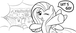 Size: 2000x875 | Tagged: dead source, safe, artist:grumblepluck, fluttershy, pegasus, pony, cloud, female, flying, happy, lineart, mare, monochrome, ponyville, solo, wink