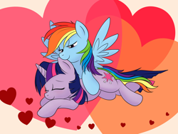 Size: 2000x1500 | Tagged: dead source, safe, artist:grumblepluck, rainbow dash, twilight sparkle, pegasus, pony, unicorn, abstract background, cuddling, cute, ear bite, female, heart, lesbian, mare, photoshop, shipping, sleeping, snuggling, twidash