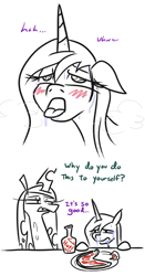 Size: 494x943 | Tagged: safe, artist:jargon scott, princess cadance, queen chrysalis, alicorn, changeling, changeling queen, pony, ahegao, bait and switch, blushing, comic, dialogue, drool, female, food, hot sauce, lidded eyes, mare, open mouth, panting, partial color, peetzer, pizza, runny nose, simple background, sweat, teary eyes, tongue out, white background