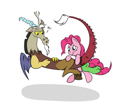 Size: 1370x1181 | Tagged: dead source, safe, artist:grumblepluck, discord, pinkie pie, earth pony, pony, blushing, discopie, eye contact, female, looking at each other, male, mare, photoshop, shipping, simple background, straight, transparent background