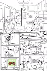 Size: 1280x1954 | Tagged: safe, artist:shinodage, oc, oc only, oc:apogee, oc:delta vee, pegasus, pony, boop o' roops, breakfast, cider, comic, detailed background, dialogue, female, filly, freckles, frog (hoof), fruit loops, hoof hold, kitchen, mare, monochrome, mother and child, mother and daughter, parent and child, partial color, potato pony, television, underhoof