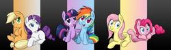 Size: 3386x1000 | Tagged: dead source, safe, artist:grumblepluck, applejack, fluttershy, pinkie pie, rainbow dash, rarity, twilight sparkle, unicorn twilight, earth pony, pegasus, pony, unicorn, abstract background, cute, dashabetes, diapinkes, female, filly, foal, jackabetes, mane six, nom, raribetes, shyabetes, twiabetes