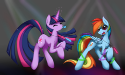 Size: 3800x2300 | Tagged: dead source, safe, artist:grumblepluck, rainbow dash, twilight sparkle, unicorn twilight, pegasus, pony, unicorn, dancing, duo, eyes closed, female, glowstick, high res, lesbian, magic, mare, rave, shipping, sunglasses, twidash, whistle