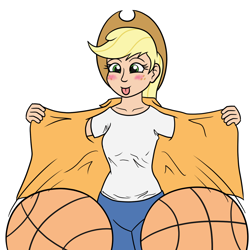 Size: 1400x1400 | Tagged: safe, artist:mkogwheel, applejack, human, april fools, basketball, blushing, clothes, fake breasts, humanized, open clothes, open shirt, shirt, sports, t-shirt, tongue out