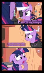 Size: 500x836 | Tagged: safe, artist:zipomon, twilight sparkle, unicorn twilight, pony, unicorn, bandage, comic, dialogue, female, future twilight, mare, reference, self ponidox, speech bubble, terminator