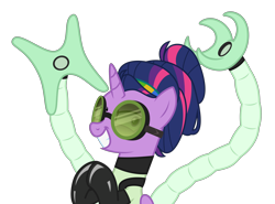 Size: 5394x4000 | Tagged: safe, artist:tentavamp, derpibooru exclusive, twilight sparkle, twilight sparkle (alicorn), alicorn, pony, absurd resolution, alternate hairstyle, clothes, cosplay, costume, crossover, doctor octopus, evil grin, gloves, goggles, grin, headband, looking at you, olivia octavius, science, simple background, smiling, solo, spider-man: into the spider-verse, suit, technology, tentacles, transparent, transparent background, vector