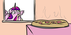 Size: 774x380 | Tagged: safe, artist:jargon scott, princess cadance, alicorn, pony, cute, cutedance, eyes on the prize, female, food, leaning, looking at something, mare, meat, peetzer, pepperoni, pepperoni pizza, pizza, smiling, solo, spread wings, that pony sure does love pizza, underhoof, wide eyes, window, wingboner, wings