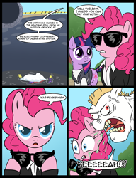 Size: 1000x1300 | Tagged: safe, artist:madmax, bulk biceps, pinkie pie, twilight sparkle, unicorn twilight, earth pony, pegasus, pony, unicorn, background pony, clothes, comic, crossover, csi, csi miami, feather, female, implied drugs, male, mare, meme, spitting, stallion, sunglasses, yeah