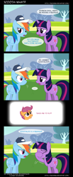 Size: 800x1943 | Tagged: safe, artist:tehjadeh, rainbow dash, scootaloo, twilight sparkle, unicorn twilight, pegasus, pony, unicorn, comic:scoota-what?, hurricane fluttershy, comic, facehoof, female, filly, hat, mare